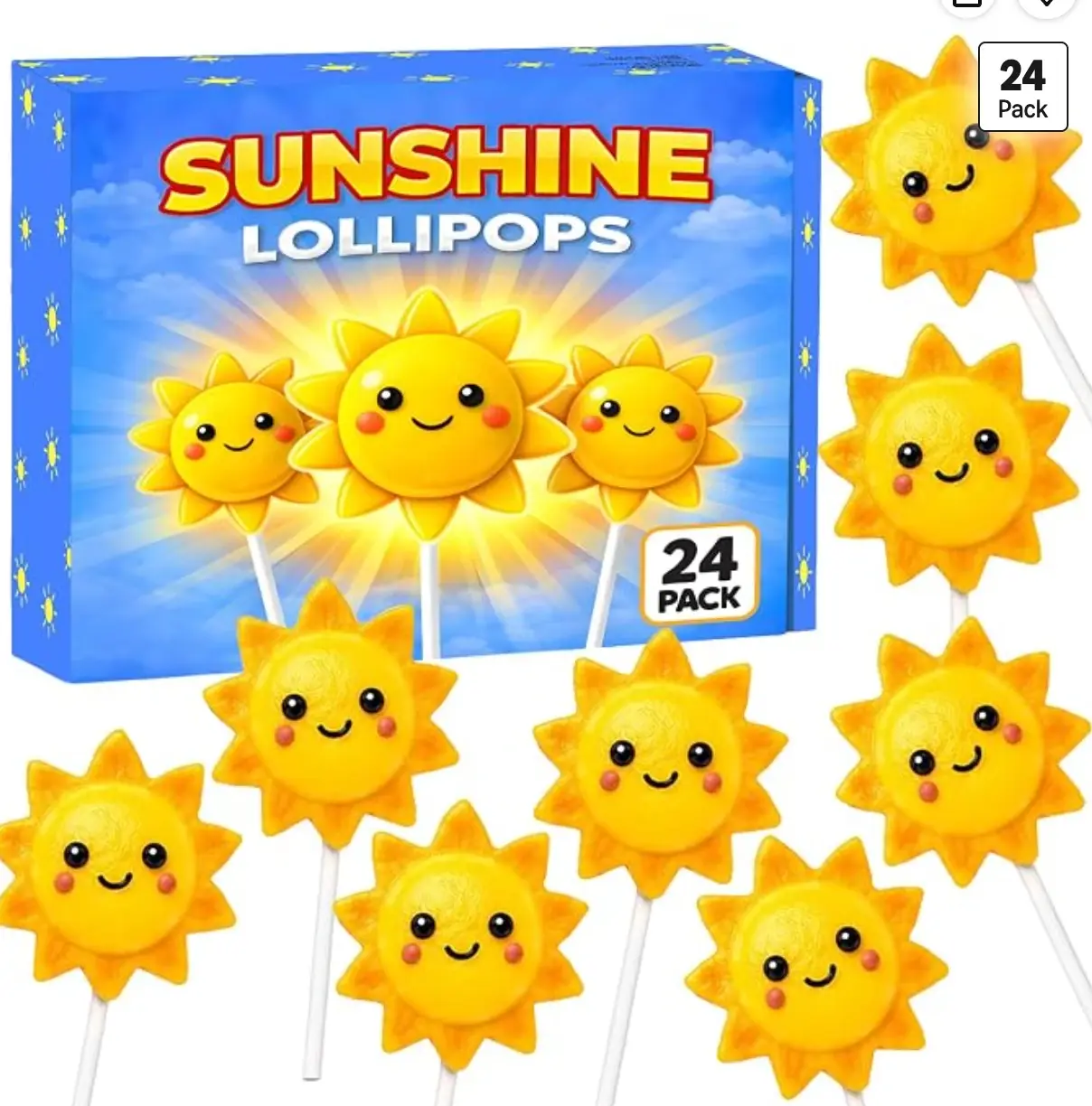 Sun Shaped Candy Lollipops – 24 Count Bulk Pack, Individually Wrapped Suckers