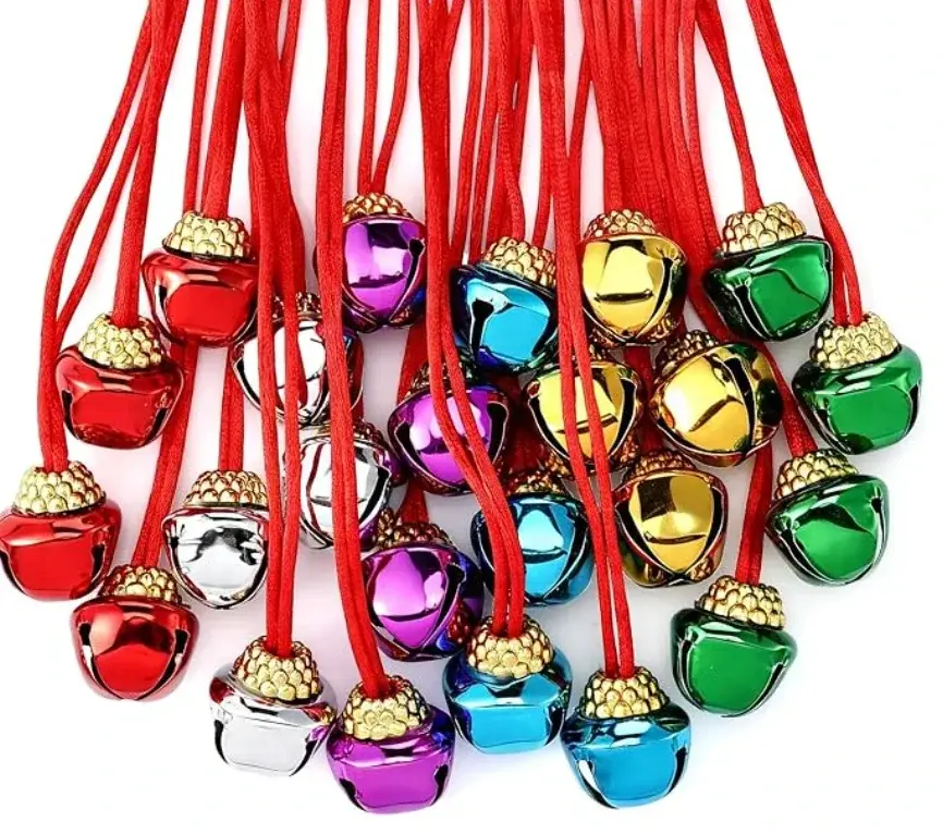 60 Christmas Bell Necklaces, Red, Green, Gold, Silver, Purple, Blue