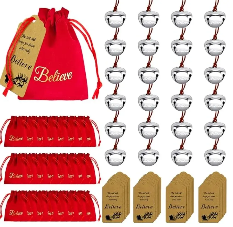 Christmas Believe Bells, Santa Sleigh Bells with Organza Bags