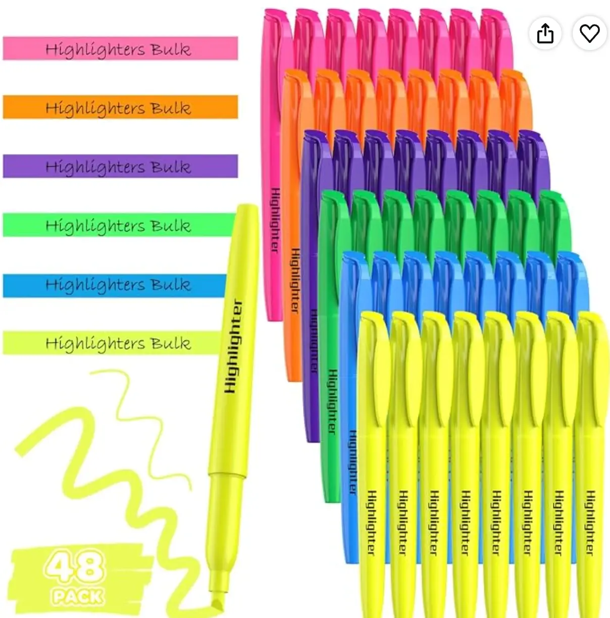 48 Pack Highlighters - 6 Assorted Colors Bulk Set with Chisel Tip, Quick Dry Ink and No Bleed Through