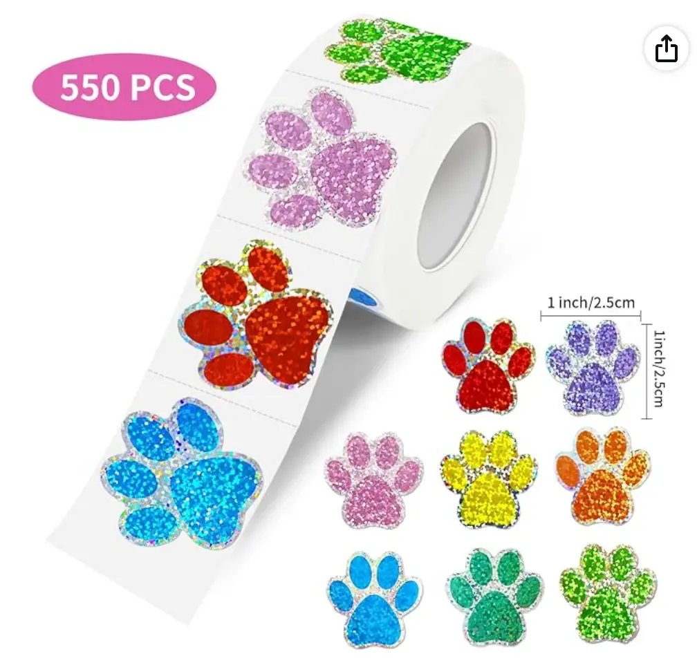 550 Pcs Glitter Paw Print Stickers Roll
