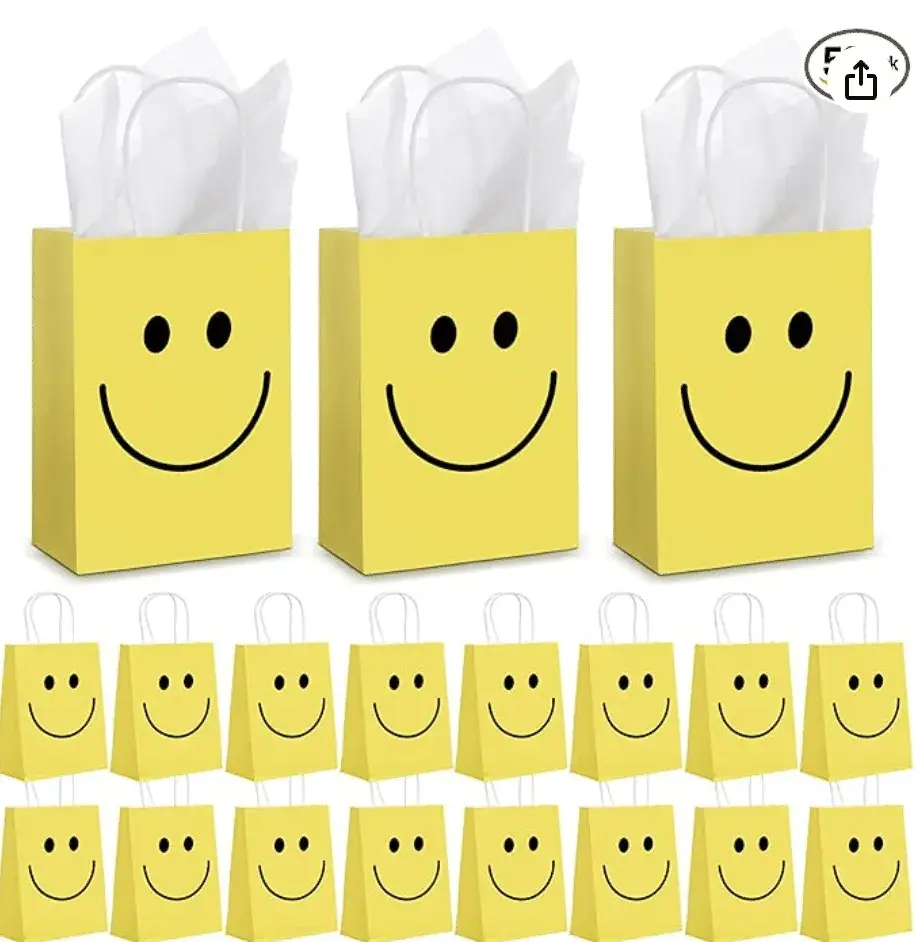 50 Sets Smile Face Gift Bags Yellow Bags with Handles Goodie Bag for Kid Happy Face Paper Bag with Tissue Paper