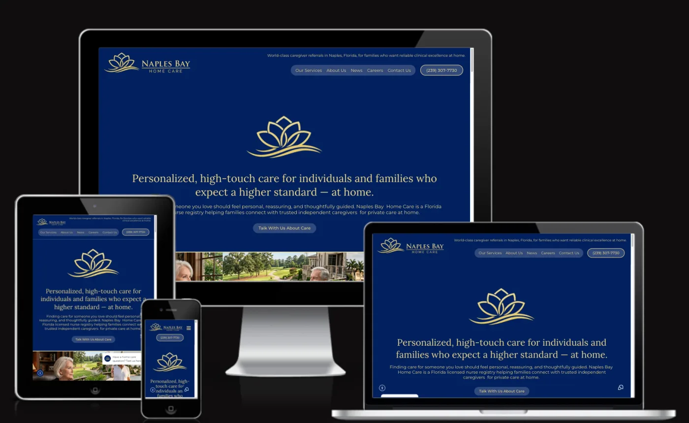 The Naples Bay Home Care website built by Approved Senior Network, shown on a desktop monitor, laptop, tablet, and phone