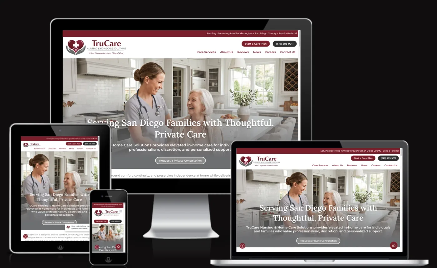 The TruCare Nursing & Home Care Solutions website built by Approved Senior Network, shown on a desktop monitor, laptop, tablet, and phone