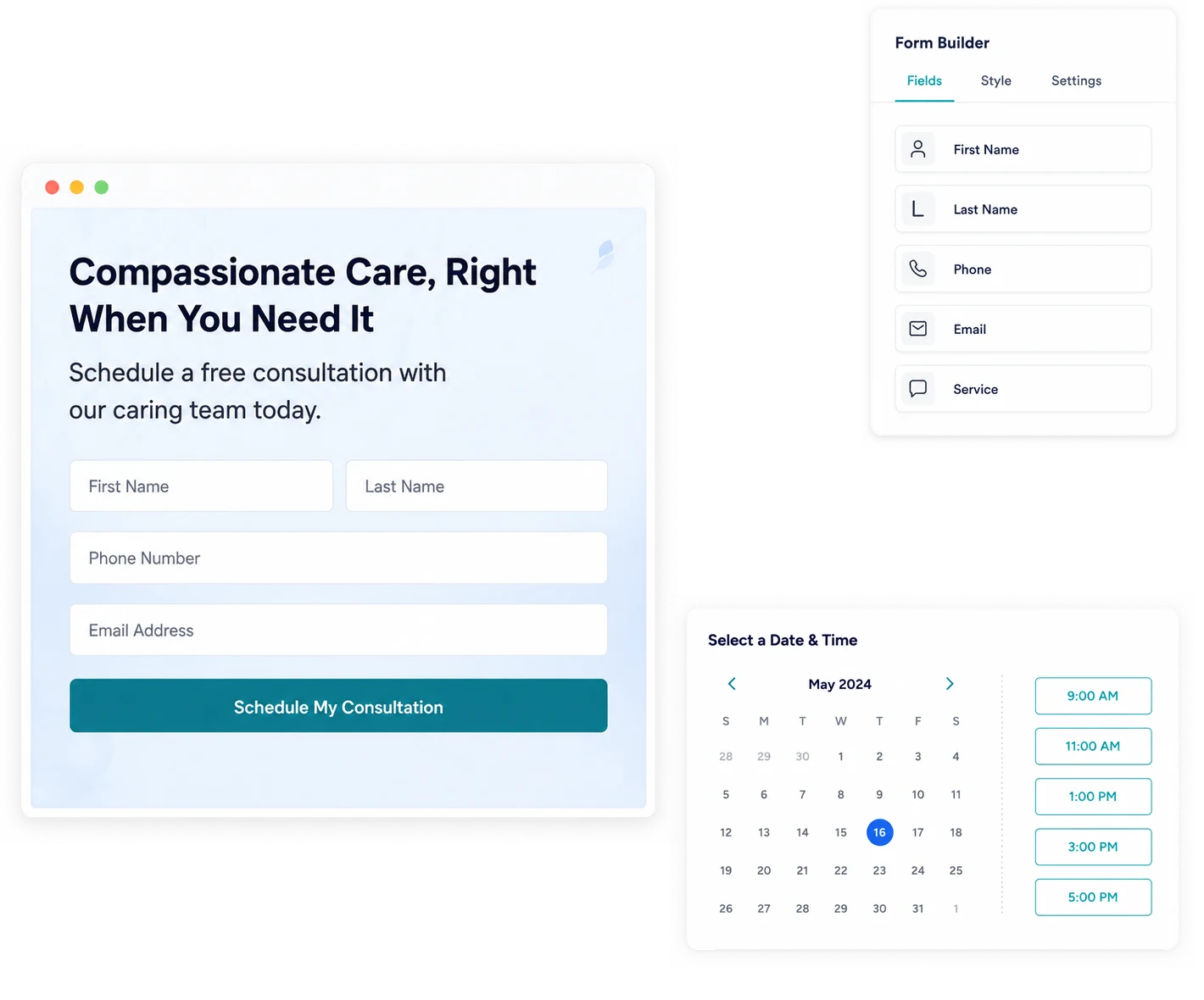 ASNSpark! CRM form builder alongside a home care consultation request form and an appointment time picker