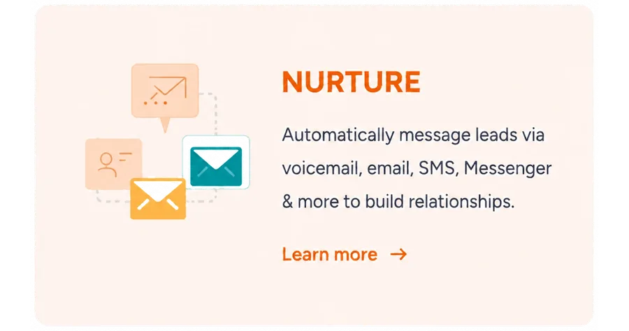 Nurture. Automatically message leads via voicemail, email, SMS, Messenger and more to build relationships. Learn more.
