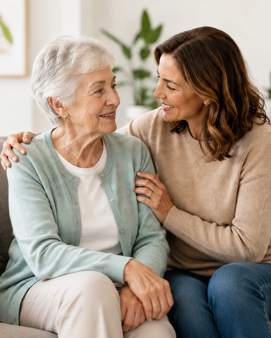 An older woman and her adult daughter sitting together on a sofa, smiling at each other