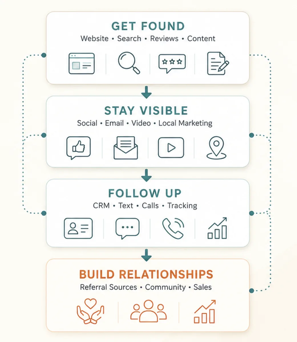 Four connected stages: Get Found (website, search, reviews, content), Stay Visible (social, email, video, local marketing), Follow Up (CRM, text, calls, tracking), and Build Relationships (referral sources, community, sales)