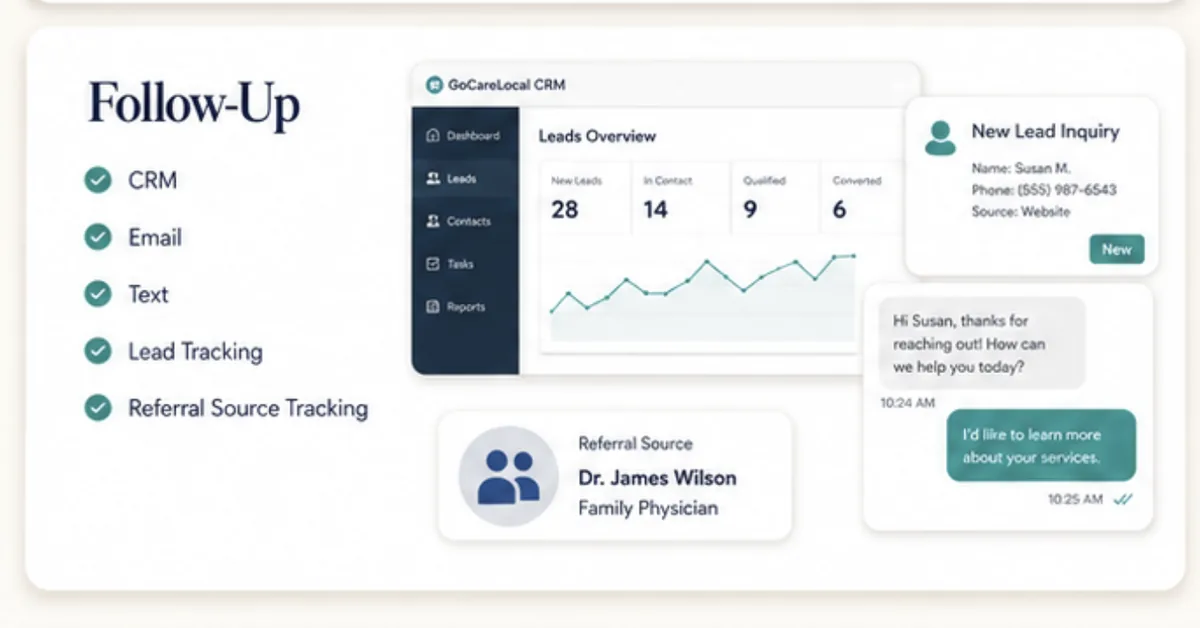 Follow-Up: CRM, email, text, lead tracking, and referral source tracking
