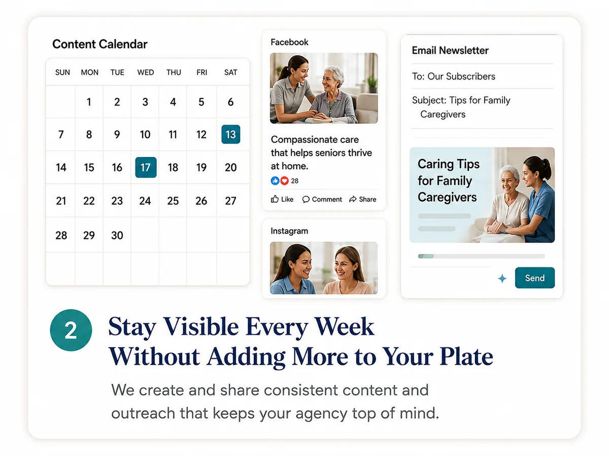 Stay Visible Every Week Without Adding More to Your Plate: We create and share consistent content and outreach that keeps your agency top of mind.
