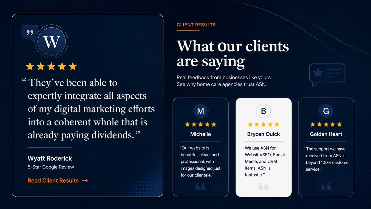 What our clients are saying: a 5-star review from Wyatt Roderick, plus testimonials from Michelle, Brycen Quick, and Golden Heart