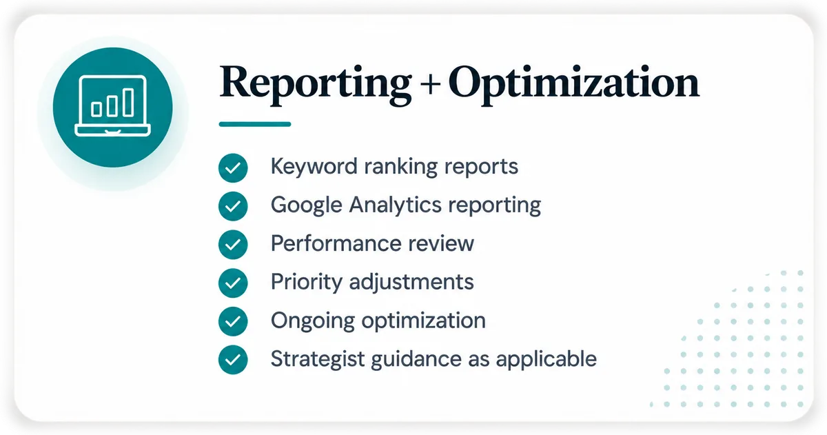 Reporting + Optimization: Keyword ranking reports, Google Analytics reporting, Performance review, Priority adjustments, Ongoing optimization, Strategist guidance as applicable