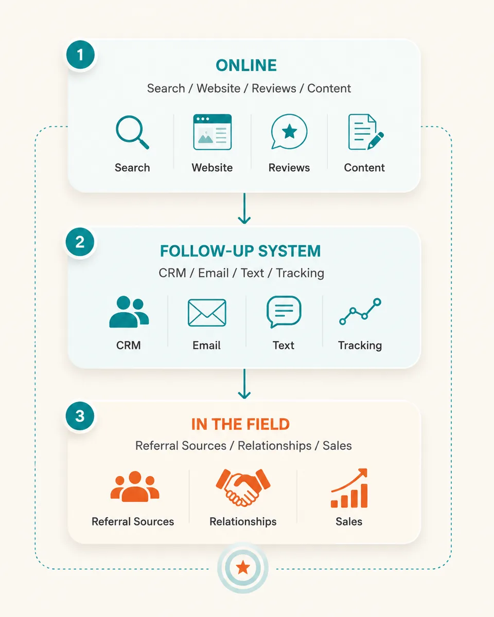 Three-step growth system: Online (search, website, reviews, content), Follow-Up System (CRM, email, text, tracking), and In the Field (referral sources, relationships, sales)