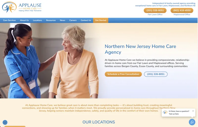 Home page of the Applause Home Care website built by Approved Senior Network