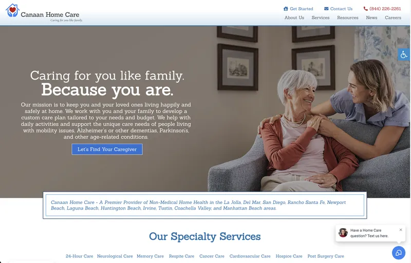 Home page of the Canaan Home Care website built by Approved Senior Network