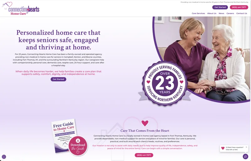 Home page of the Connecting Hearts Home Care website built by Approved Senior Network