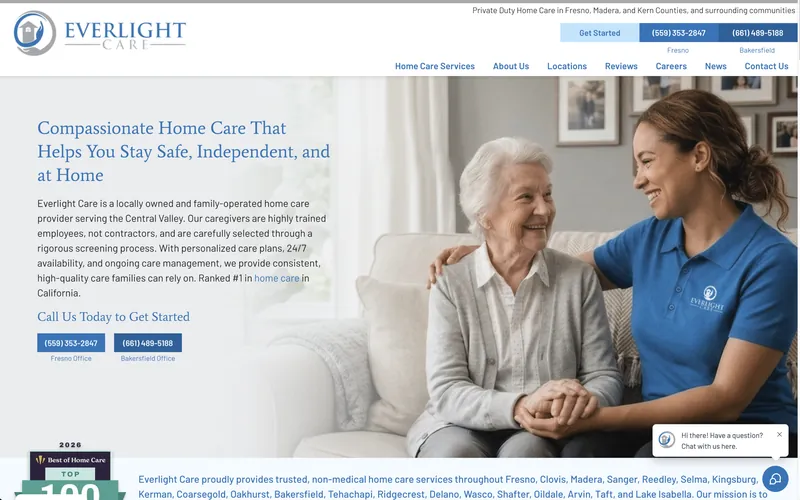 Home page of the Everlight Care website built by Approved Senior Network