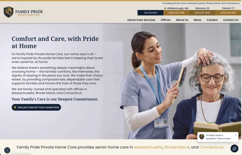 Home page of the Family Pride Private Home Care website built by Approved Senior Network