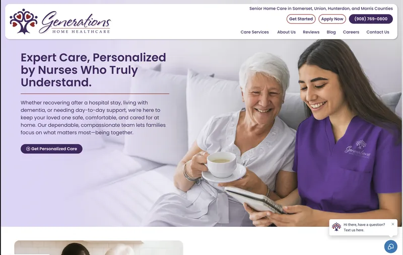 Home page of the Generations Home Healthcare website built by Approved Senior Network