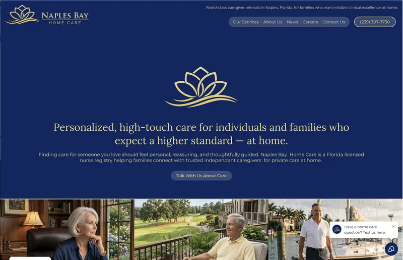 Home page of the Naples Bay Home Care website built by Approved Senior Network