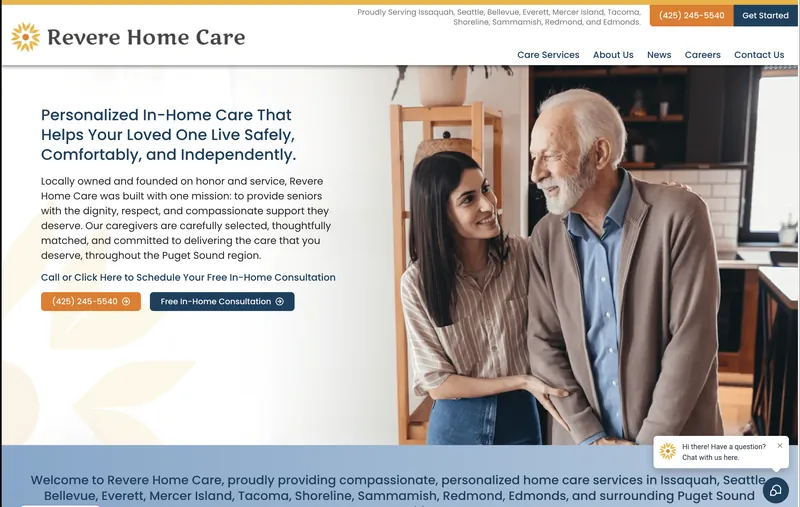 Home page of the Revere Home Care website built by Approved Senior Network