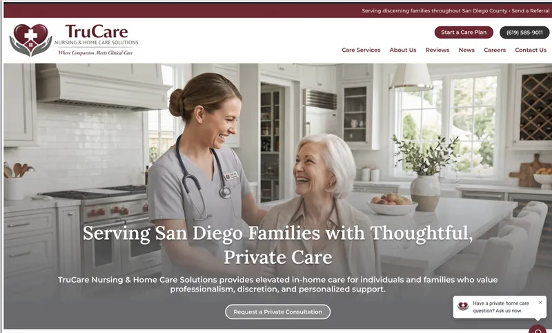 Home page of the TruCare Nursing & Home Care Solutions website built by Approved Senior Network