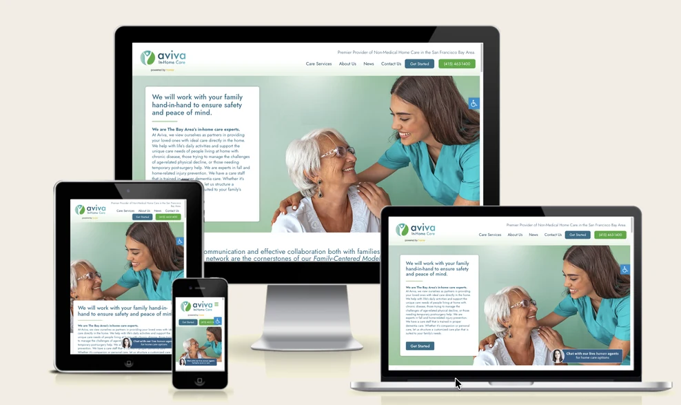 The Aviva In-Home Care website shown on a desktop monitor, laptop, tablet, and phone