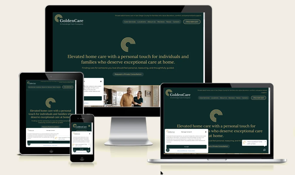 The GoldenCare website shown on a desktop monitor, laptop, tablet, and phone