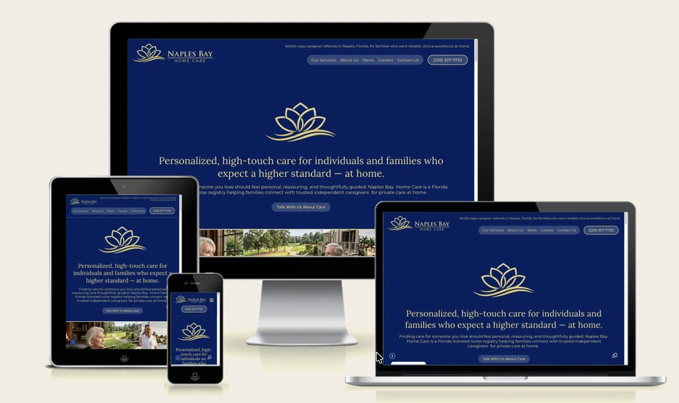 The Naples Bay Home Care website shown on a desktop monitor, laptop, tablet, and phone