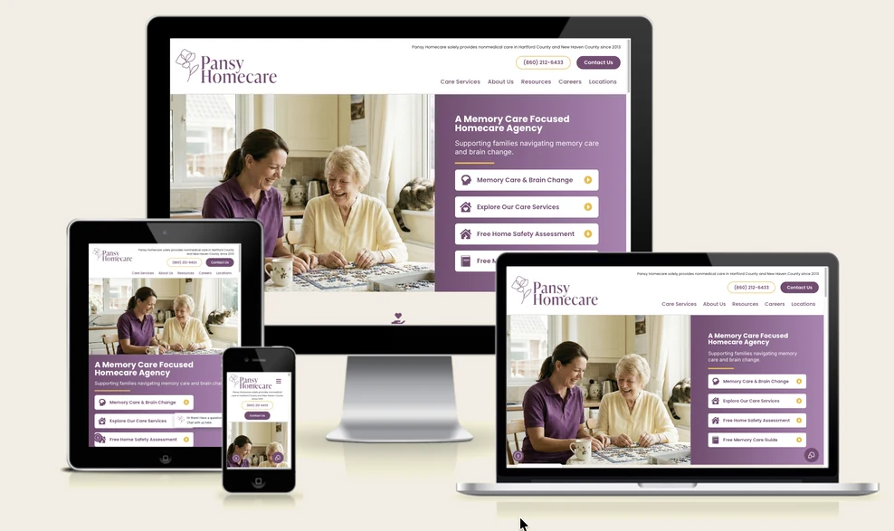 The Pansy Homecare website shown on a desktop monitor, laptop, tablet, and phone