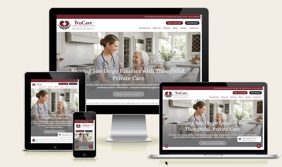 The TruCare Nursing & Home Care Solutions website shown on a desktop monitor, laptop, tablet, and phone