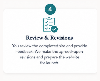 Step 4. Review & Revisions. You review the completed site and provide feedback. We make the agreed-upon revisions and prepare the website for launch.