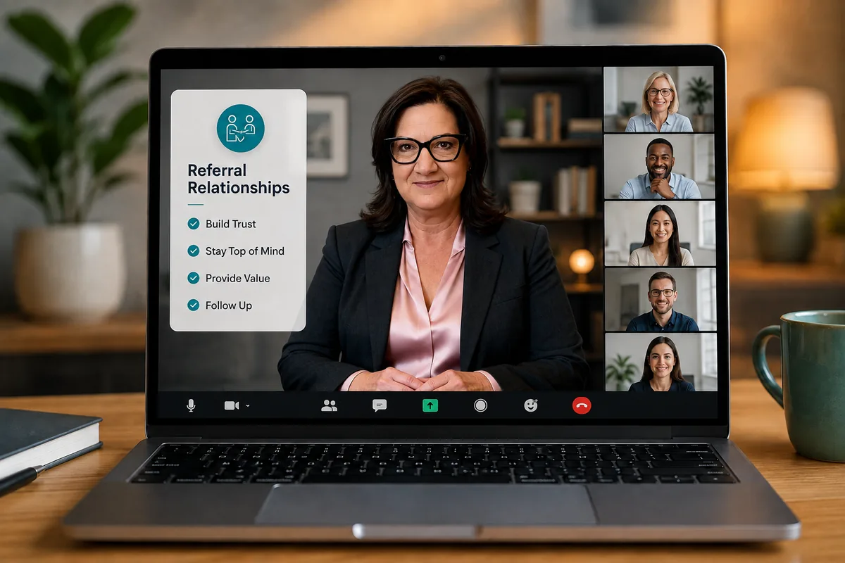 A GoCarePro instructor leading a live Zoom sales training session with several salespeople on the call, alongside a Referral Relationships checklist covering building trust, staying top of mind, providing value, and following up