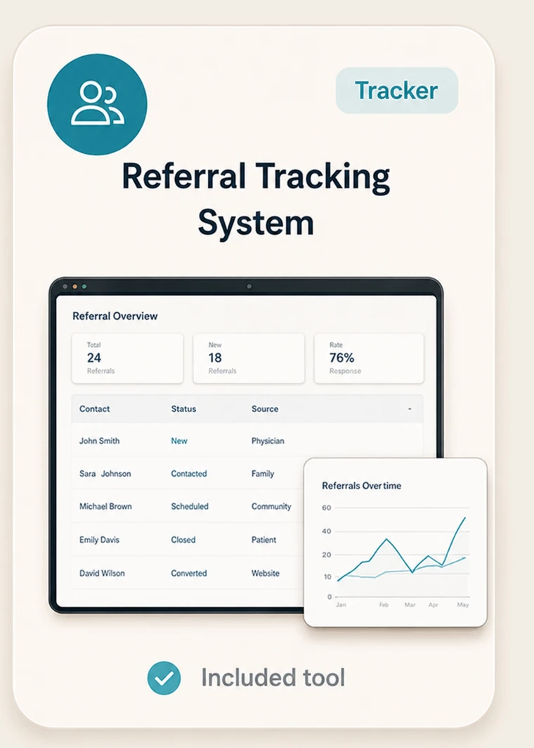 Referral Tracking System, an included GoCarePro tool. A referral overview dashboard listing contacts, status, and source alongside a trend chart.