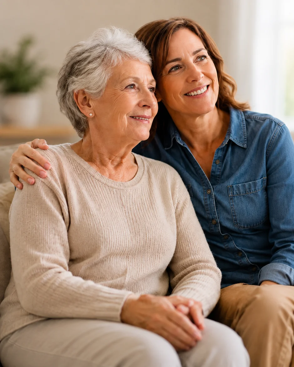 An older woman and her adult daughter sitting together on a sofa, both smiling and looking into the distance