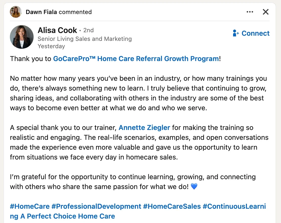 Alisa Cook's LinkedIn post thanking the GoCarePro Home Care Referral Growth Program and trainer Annette Ziegler for realistic, engaging training