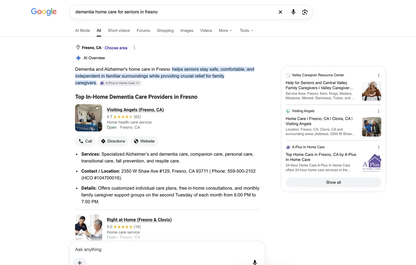 Google AI Overview for “dementia home care for seniors in fresno” citing A-Plus In Home Care as the source for its opening answer and listing its Fresno page among the sources